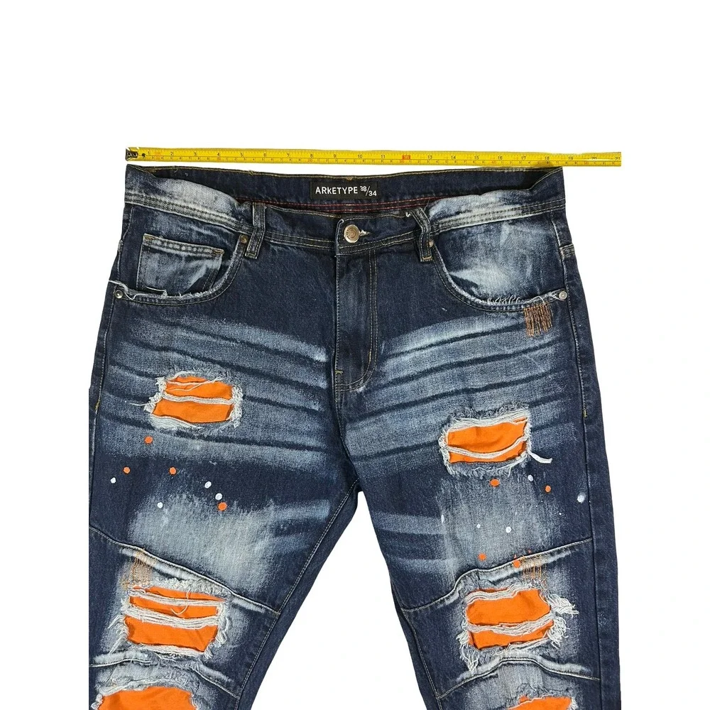 Arketype Mens Distressed Orange Patch Paint Splatter Jeans Dark Wash 38x34